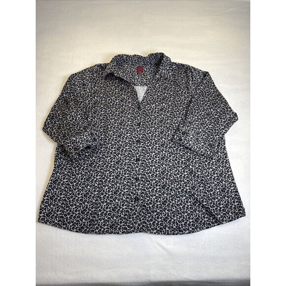 212 Collection Women Black Animal Print 3/4 Sleeve Button-Down Shirt 1X Plus - Picture 1 of 8